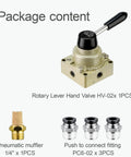 Package contents for Rotary Lever Hand Valve HV-02 with pneumatic muffler and fittings.