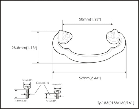 Dimensions diagram of Vintage 1.8 Inch Center To Center Bail Drop Pull Cabinet Handle For Small Drawers Zinc Die Cast Brass Plated Four Pack