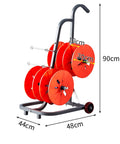Heavy Duty Cable Spool Dispenser With Wheels For Industrial Wire Unroller And Electrical Cable Management Pro Grade Portable Reel Cart For Pros On The Job, showing dimensions and structure.