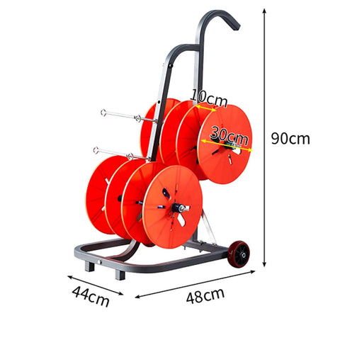 Heavy Duty Cable Spool Dispenser With Wheels For Industrial Wire Unroller And Electrical Cable Management Pro Grade Portable Reel Cart For Pros On The Job, showing dimensions and structure.