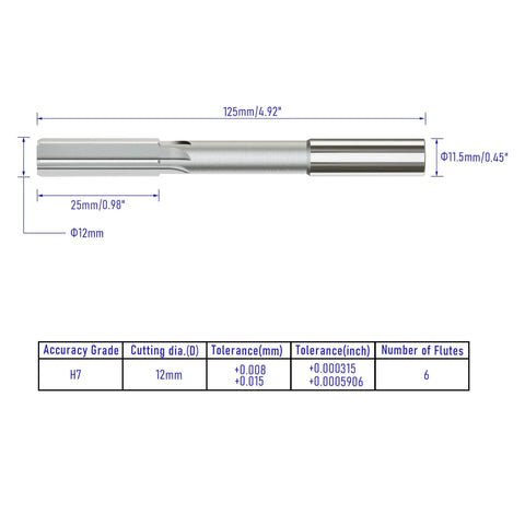 12mm Chucking Reamer HSS Cobalt M35 Lathe Tool with 6 Flutes, dimensions and tolerances diagram