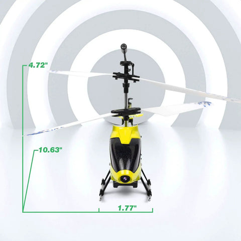 Front view of Dope Mini RC Helicopter With Camera For Kids And Adults U12S WiFi FPV Drone With dimensions, yellow and black design