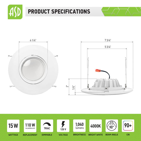 Gimbal Retrofit LED Can Lights 6 Inch Kit, 4000K Bright White, side and top view, product specifications, 15W, 1050 Lumens