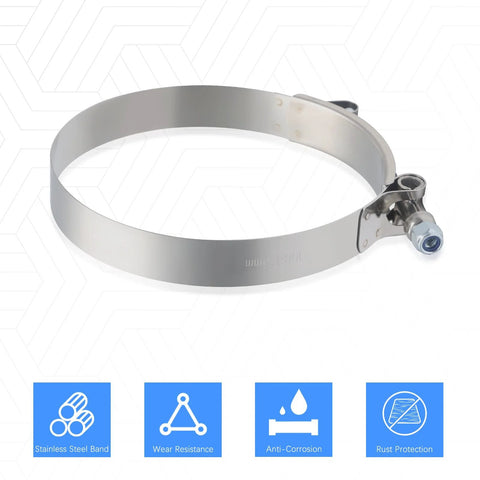 Two stainless steel T-bolt hose clamps for 4 in ID hoses, 108-116 mm range