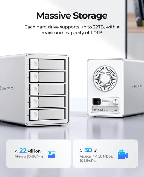 Massive 5 Bay Hard Drive Enclosure Delivers Hassle Free Installation With True Daisy Chain Linking For Up To 330Tb Total Storage Paired With Blazing 10Gbps USB 3 2 Gen 2 Transfer Speeds, showing five bay external storage hub.
