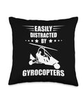 Easily Distracted By Gyrocopters Throw Pillow featuring white text and gyrocopter graphic on a black cushion for aviation enthusiasts.
