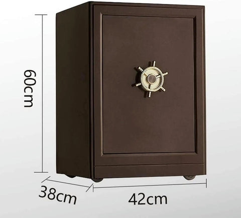 Compact Home Safe Box For Personal Valuables Made From Steel With Shock Proof Construction Perfect For Cash Passport Jewelry And Documents In Cabinets Or Under Bed shown in front view with dimensions.