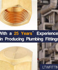 Close-up of brass compression cap with text '25 Years' Experience in Producing Plumbing Fittings.'