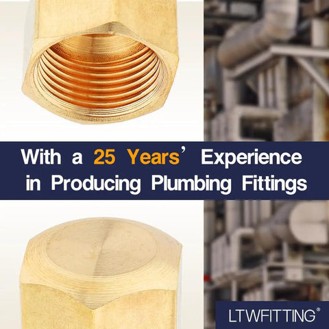 Close-up of brass compression cap with text '25 Years' Experience in Producing Plumbing Fittings.'