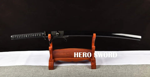 Handcrafted Practice Katana With Full Tang Blunt Blade For Dojo Training Safe Aluminum Steel Blade on display stand