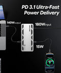 Thunderbolt 5 Docking Station With NVMe M.2 SSD Slot And 140W Power Delivery, 13-in-1 TB5 Hub connected to laptop and phone.