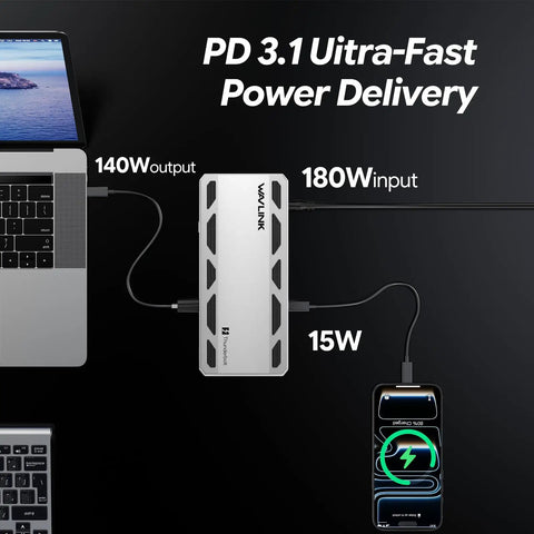 Thunderbolt 5 Docking Station With NVMe M.2 SSD Slot And 140W Power Delivery, 13-in-1 TB5 Hub connected to laptop and phone.