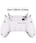 Back view of FrSky D16 LiteRadio 2 SE Transmitter for FPV Drones, USB C Charging, white body with built-in battery slot.