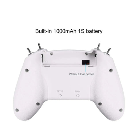 Back view of FrSky D16 LiteRadio 2 SE Transmitter for FPV Drones, USB C Charging, white body with built-in battery slot.