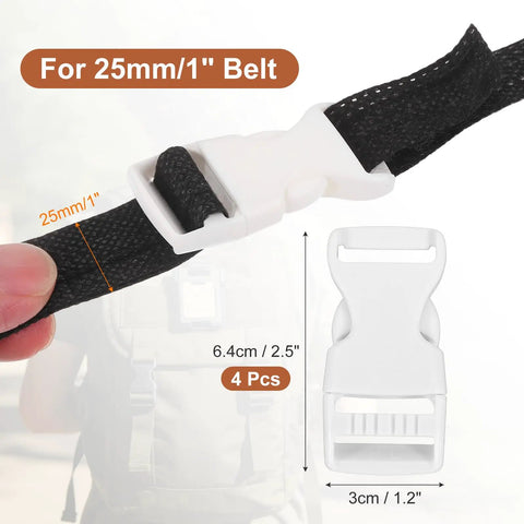 4 Pack Quick Side Release Buckles 1 Inch Plastic Clips Dual Adjustable Belt Snap Fasteners for backpacks, outdoor gear, white