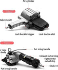 Kick Butt Heavy Duty Pneumatic Steel Strapping Machine Goes Hard On Cargo With Dual Lock Tensioner And Quick Trigger Cutter Sealer image showcasing components like air cylinder and tensioner.