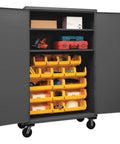 Killer Heavy Duty Lockable Mobile Storage Cabinet With 18 Yellow Hook On Bins And Two Adjustable Shelves 48 Inch Wide 12 Gauge Steel showing tools and bins.