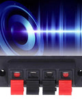 4 Way Speaker Connector Spring Loaded Terminal Kit Black ABS Metal Build For Easy Wiring Handles Zero To Two Hundred Fifty Volts Three Amps Rating Durable Audio Terminal Clips perfect for speaker upgrades with soundwave design backdrop.