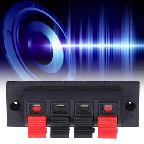 4 Way Speaker Connector Spring Loaded Terminal Kit Black ABS Metal Build For Easy Wiring Handles Zero To Two Hundred Fifty Volts Three Amps Rating Durable Audio Terminal Clips perfect for speaker upgrades with soundwave design backdrop.