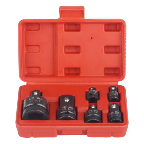 Heavy Duty 6 Piece Impact Socket Adapter Kit Set With Carrying Case For Reliable Driver Wrench Size Conversion Reducer Tools Perfect For Home Garage Or Shop Projects. Red case with six CR-MO impact socket adapters