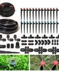 All In One Drip Irrigation Kit For Garden And Greenhouse With One Half Inch And One Quarter Inch Tubing Locked Fittings 360 Degree Fan Sprayer Automatic Watering System Includes Tap Adapters And Complete Hardware For Easy Setup.