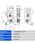 Heavy Duty Steel Draw Latch With Single Trigger Rotary Action Mechanical Lock For Cabin Doors Stage Rotary Lock Rock Solid Gate Lock Durable Locking Mechanism Fits Multiple Door Sizes Color C9308 1445 1 Piece, technical drawing and specifications