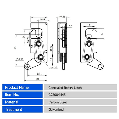 Steel Draw Latch With Single Trigger Rotary Action Mechanical Cabin Door Latch Tough As Nails Stage Rotary Latch C9308-1445 diagram