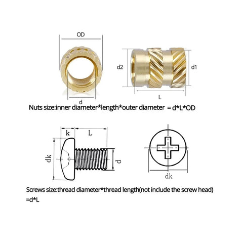 Copper Insert Nut And Bolt Set For M2.5 M3 M4 With Knurled Threads, 260-Piece All-in-One Handy Maintenance Kit, Everyday General Hardware For Quick Fixes, Solid Copper Build For Stable Fit. Size chart for copper insert nut and screw dimensions.