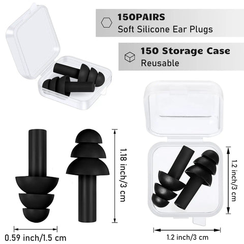 Premium Silicone Earplugs Bulk Pack of 150 Pairs in reusable storage case, soft black silicone for noise reduction and comfort.