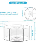 Six-Compartment Spinning Acrylic Desk Organizer for Kids and Crafters, showing dimensions and thick, sturdy material detail.