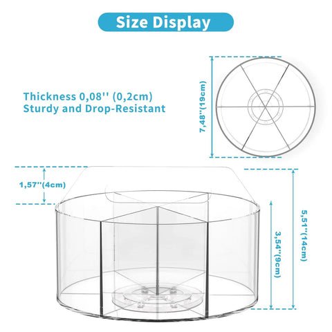 Six-Compartment Spinning Acrylic Desk Organizer for Kids and Crafters, showing dimensions and thick, sturdy material detail.