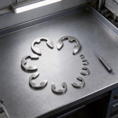 Heavy Duty 120PCS Stainless Steel E-Clip Assortment Set Featuring M1.5 To M10 External Retaining Rings arranged on a table.