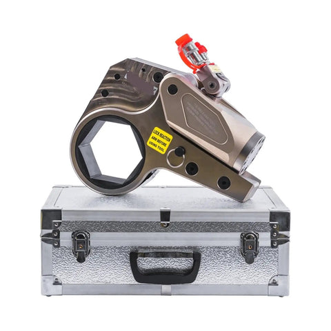 Heavy Duty Hydraulic Torque Wrench Built Tough With Lightweight Al Ti Alloy Hollow Body Electric Pump Driven 232 To 2328 Nm Range Precision Dial side view on metal case.