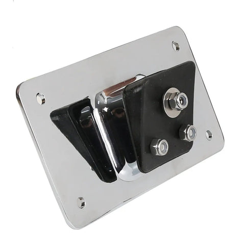 Chrome angled 3 Hole Laydown License Plate Mount Bracket For Harley Davidson 1973 Up Bikes with backing plate and spacers.