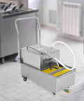 Kitchen Workhorse Mobile Fryer Oil Filter Machine 55 Liter Stainless Steel Cart, showing filtration system in a restaurant kitchen.