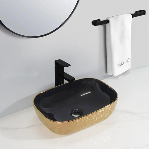 USZWBY Vessel Sinks Ceramic Vessel Sink Light Luxury Household Single Basin Art Bathroom Countertop Wash Bathroom Bowl Sink with black faucet and towel