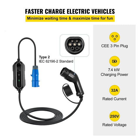 Level Up Your Daily Drive With This Heavy Duty Portable EV Charger Type 2 Plug showcasing a black EV charger with blue 3 pin plug.