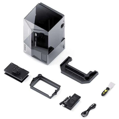 Saturn 4 Ultra 16K Resin 3D Printer with accessories including build plate, tank, power supply, and scraper displayed.