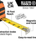Heavy-Duty Tape Measure With Nylon-Coated Blade, 25-Foot Reach, Double-Hook, showing magnetic end hooks and 16-foot reach.