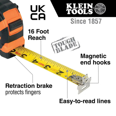 Heavy-Duty Tape Measure With Nylon-Coated Blade, 25-Foot Reach, Double-Hook, showing magnetic end hooks and 16-foot reach.