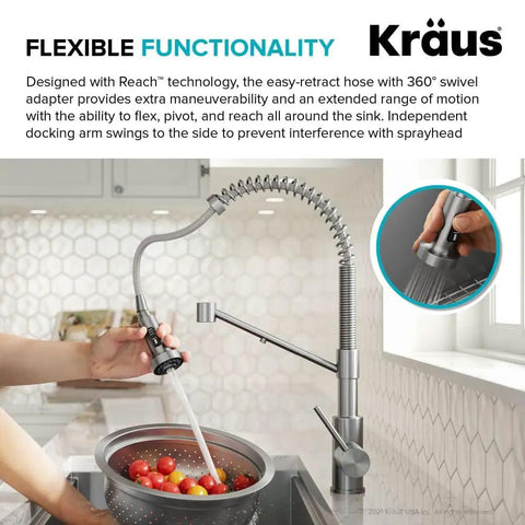 Heavy Duty Stainless Steel Pull Down Kitchen Faucet With Built In Water Filter equipped with a flexible sprayer, ideal for washing produce.