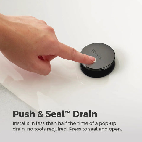 Finger pressing push and seal drain of Capistrano Matte Black 4-In Centerset 3-Hole Bathroom Sink Faucet With Dual Handles.