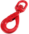 Rugged As Nails 3/8 Inch Swivel Self Locking Eye Hook, Grade 80 Forged Alloy Steel, 6945 Lbs Working Load Limit, red swivel hook.