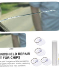 Windshield crack repair kit with tools and car windshield showing before and after repair for laminated glass chips.
