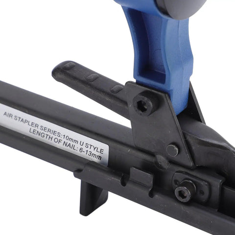 Pro Grade 20 Gauge Pneumatic Brad Nailer Featuring Zero Jam Nozzle And Hassle Free Air Stapler close-up of trigger and adjustment lever.
