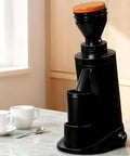 Electric burr coffee grinder featuring eight stepless settings and adjustable speed timer for flawless espresso pour over and drip beans.