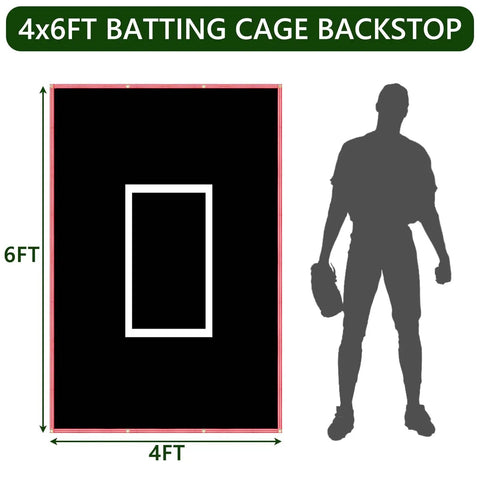 Diagram of Portable 4x6 Ft Baseball Batting Cage Backstop With All Weather Silver Reflective Edge Vinyl Backdrop And Strike Zone Night Ready Pitcher Training Aid And Hitting Target For Softball Players next to silhouette of baseball player