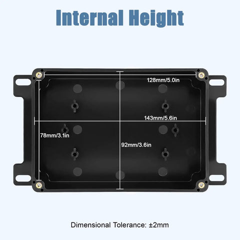 Internal view of IP65 Waterproof ABS Plastic Electrical Junction Box with dimensions, black with external mounting ears, 5.9x3.9x1.7 in