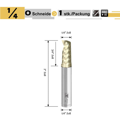 Front view of Speed Tiger solid carbide CNC spiral end mill, single flute, 1/4 in diameter, 2 in overall length.