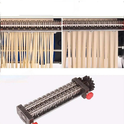 Compact Automatic Electric Pasta Maker For Fresh Homemade Noodles Stainless Steel rollers producing freshly shaped noodles.
